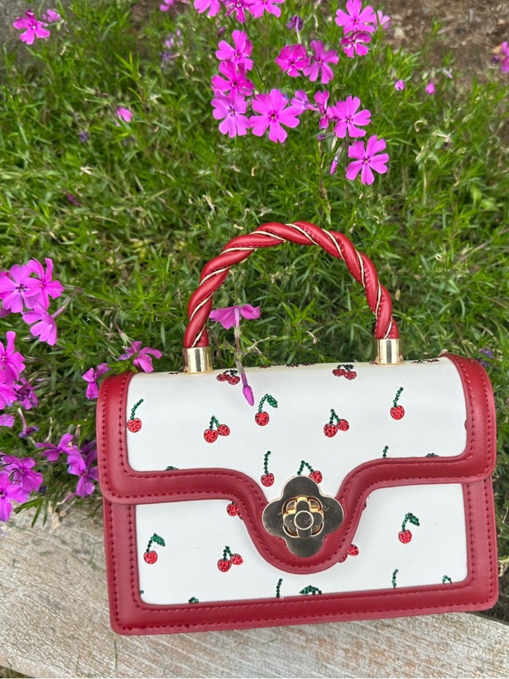 Red & White Cherry Top-Handle Rhinestone Purse